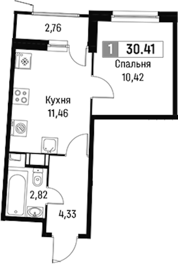 1-комнатная квартира 30.41 м², 3/18 эт., ЖК «Авиатор»