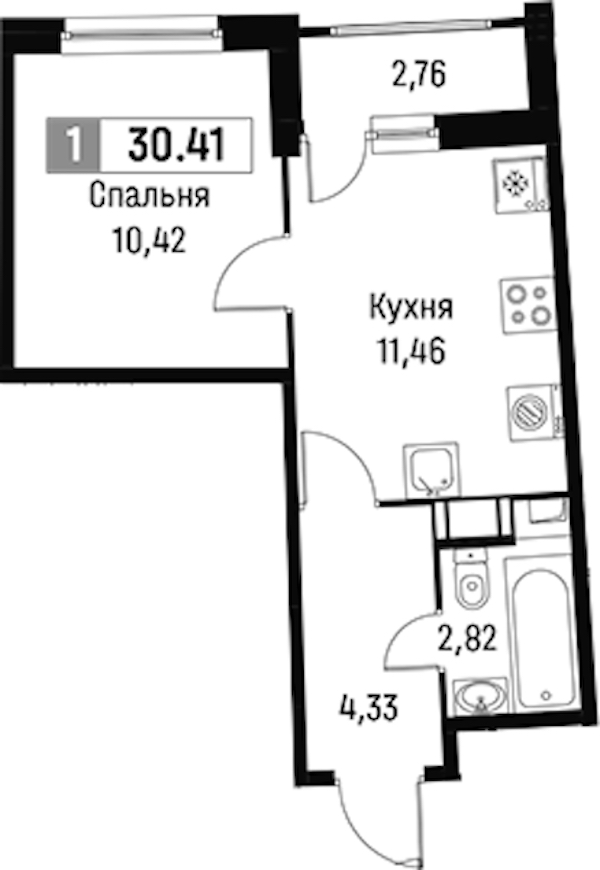 1-комнатная квартира 30.41 м², 3/18 эт., ЖК «Авиатор»