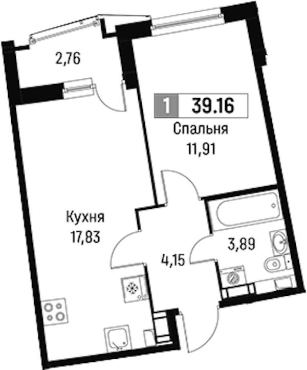 1-комнатная квартира 39.16 м², 3/18 эт., ЖК «Авиатор»