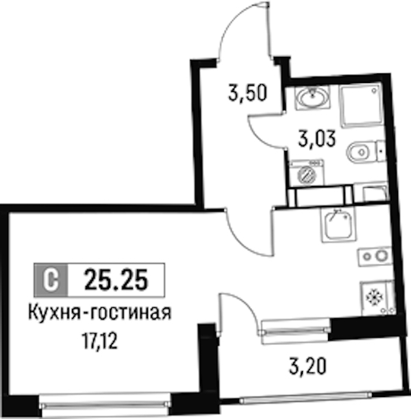 Квартира студия 25.25 м², 3/18 эт., ЖК «Авиатор»