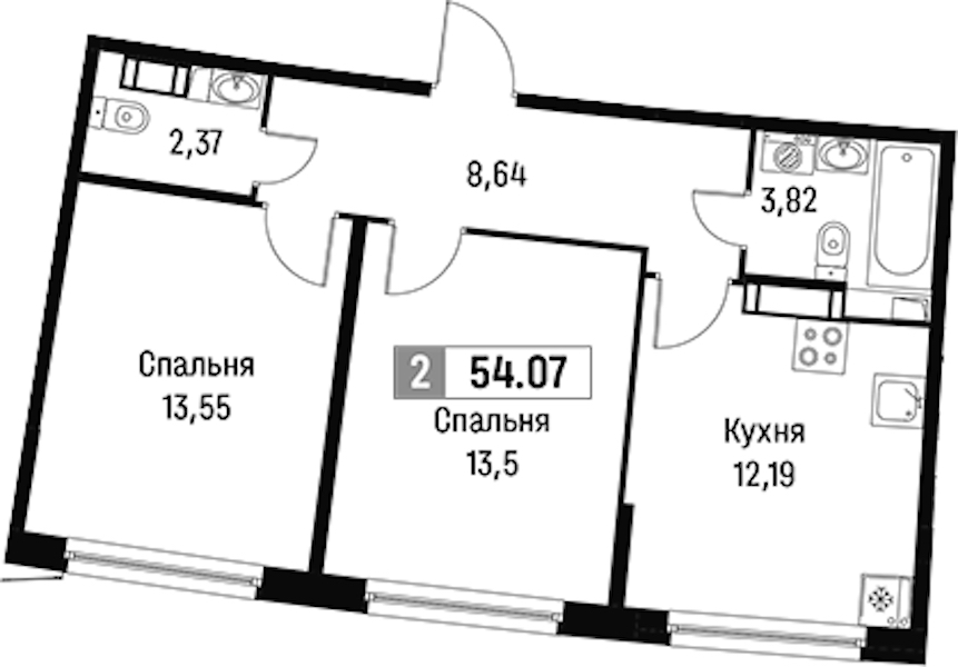 2-комнатная квартира 54.07 м², 4/18 эт., ЖК «Авиатор»