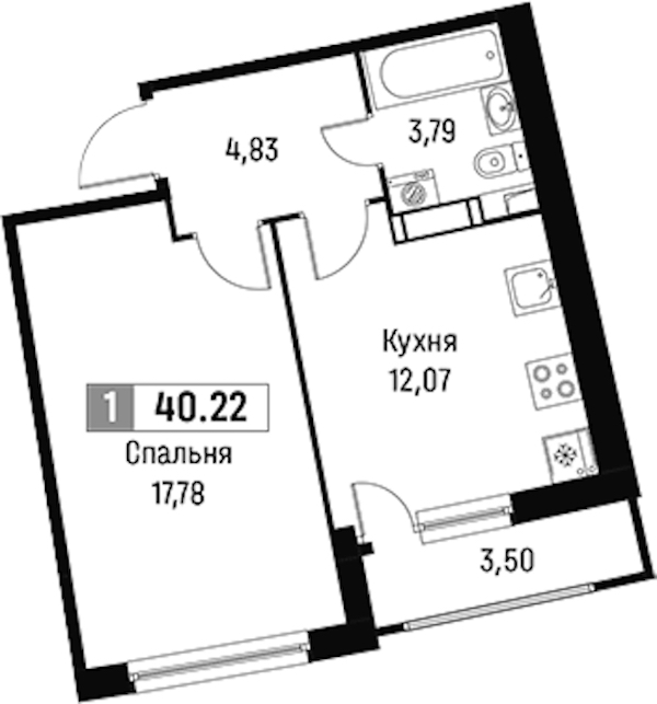 1-комнатная квартира 40.22 м², 4/18 эт., ЖК «Авиатор»