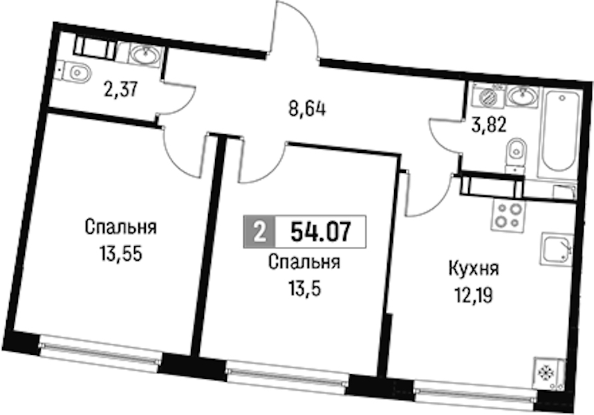 2-комнатная квартира 54.07 м², 5/18 эт., ЖК «Авиатор»