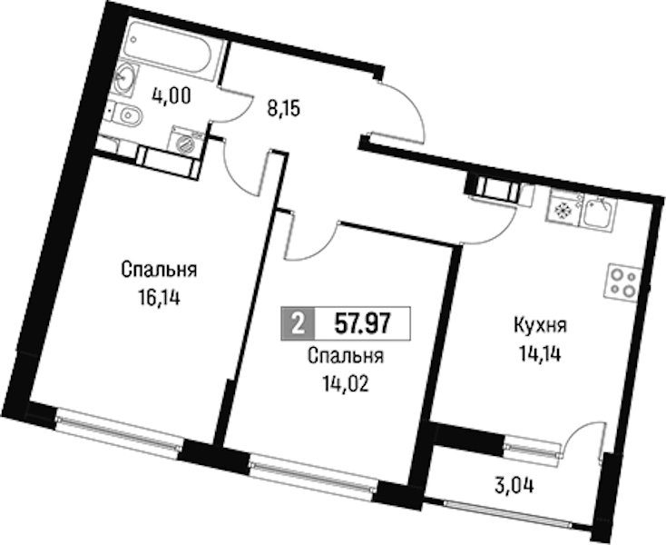 2-комнатная квартира 57.97 м², 5/18 эт., ЖК «Авиатор»