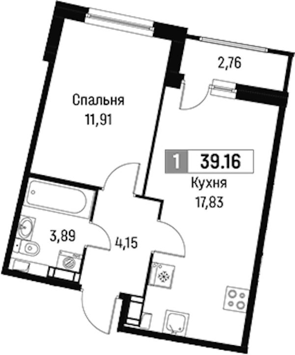 1-комнатная квартира 39.16 м², 5/18 эт., ЖК «Авиатор»