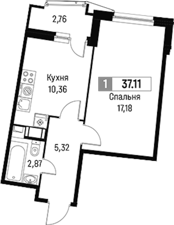 1-комнатная квартира 37.11 м², 5/18 эт., ЖК «Авиатор»