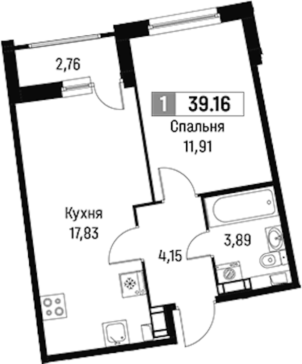 1-комнатная квартира 39.16 м², 5/18 эт., ЖК «Авиатор»