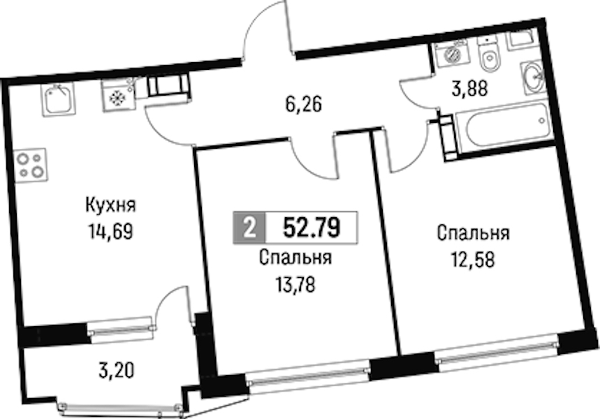 2-комнатная квартира 52.79 м², 5/18 эт., ЖК «Авиатор»