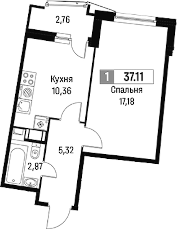1-комнатная квартира 37.11 м², 6/18 эт., ЖК «Авиатор»