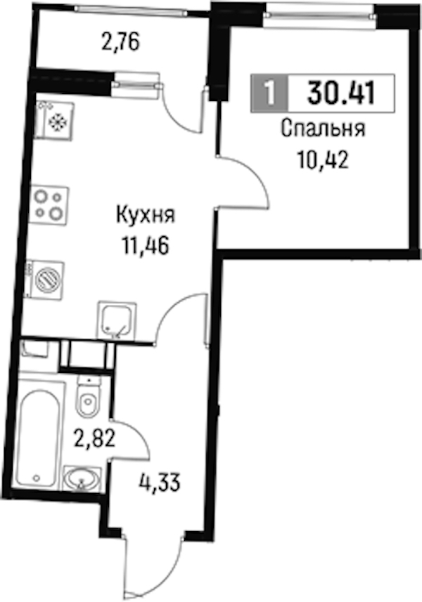 1-комнатная квартира 30.41 м², 6/18 эт., ЖК «Авиатор»