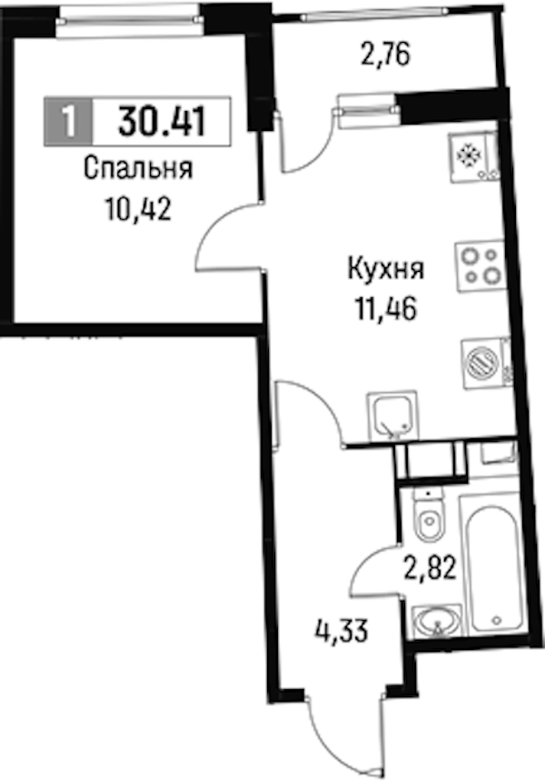1-комнатная квартира 30.41 м², 6/18 эт., ЖК «Авиатор»