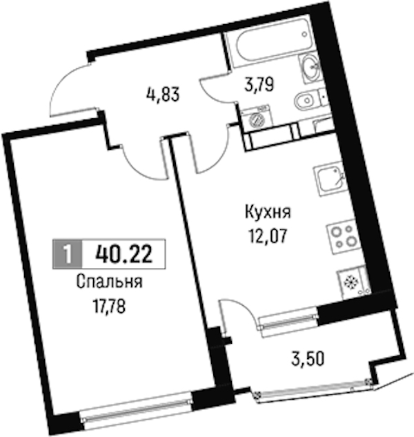 1-комнатная квартира 40.22 м², 6/18 эт., ЖК «Авиатор»