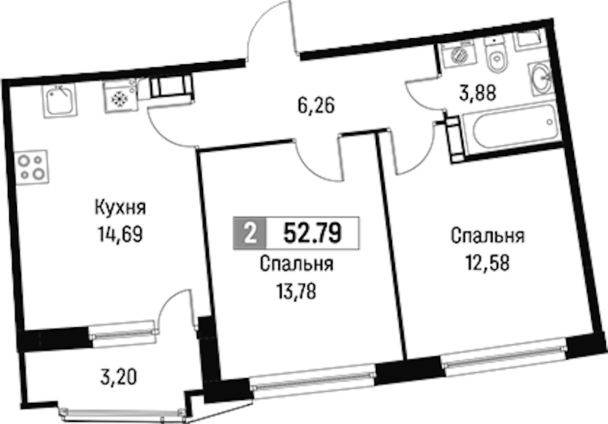 2-комнатная квартира 52.79 м², 6/18 эт., ЖК «Авиатор»