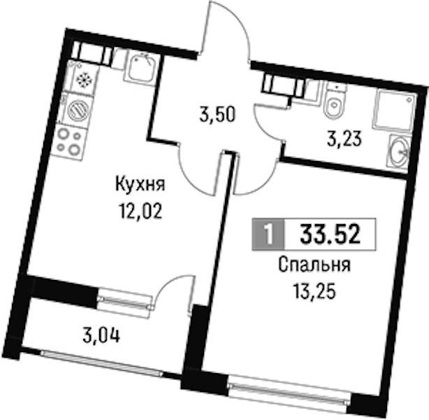 1-комнатная квартира 33.52 м², 7/18 эт., ЖК «Авиатор»