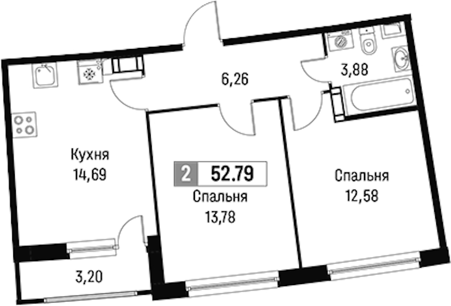 2-комнатная квартира 52.79 м², 8/18 эт., ЖК «Авиатор»