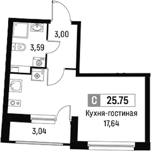 Квартира студия 25.72 м², 2/16 эт., ЖК «Авиатор»