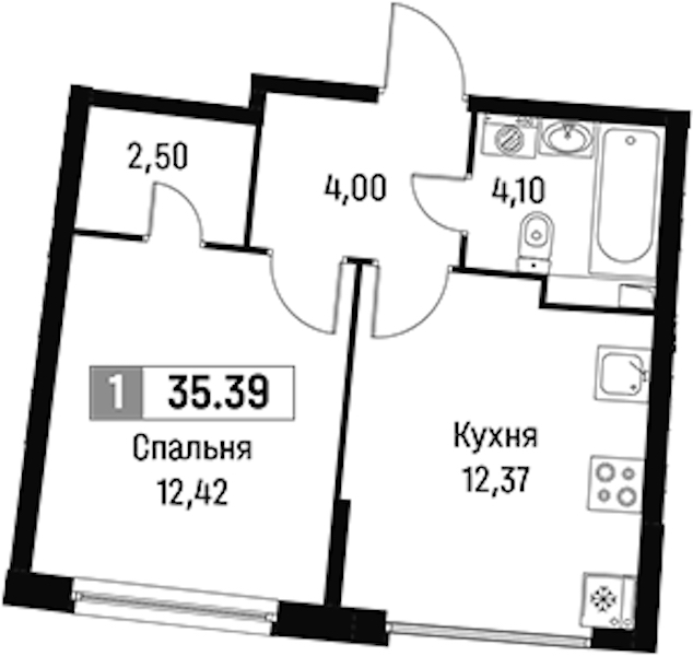 1-комнатная квартира 35.39 м², 2/16 эт., ЖК «Авиатор»