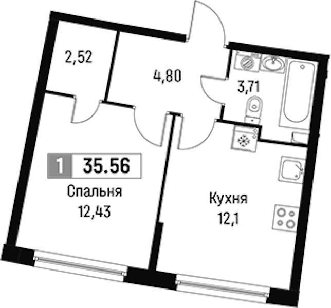 1-комнатная квартира 35.56 м², 2/16 эт., ЖК «Авиатор»