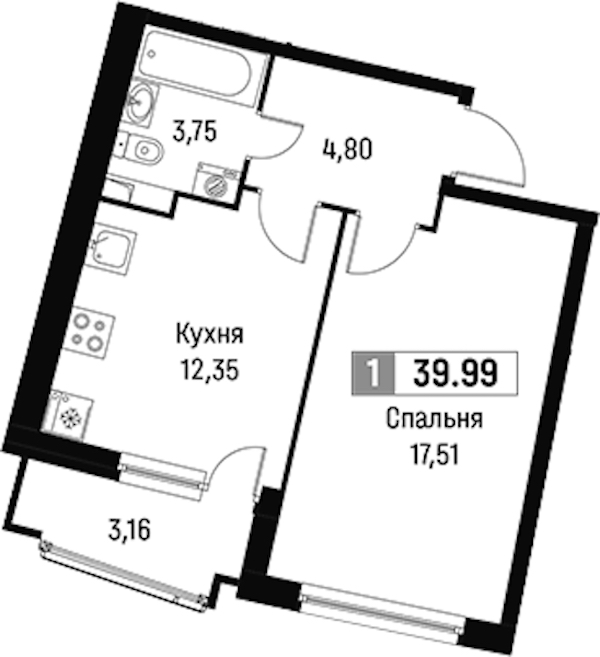 1-комнатная квартира 39.99 м², 2/16 эт., ЖК «Авиатор»