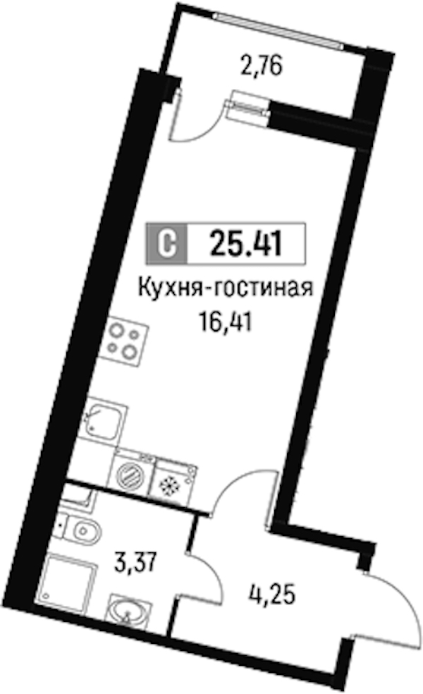 Квартира студия 25.41 м², 2/16 эт., ЖК «Авиатор»
