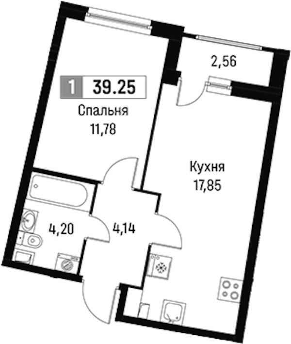 1-комнатная квартира 39.25 м², 2/16 эт., ЖК «Авиатор»