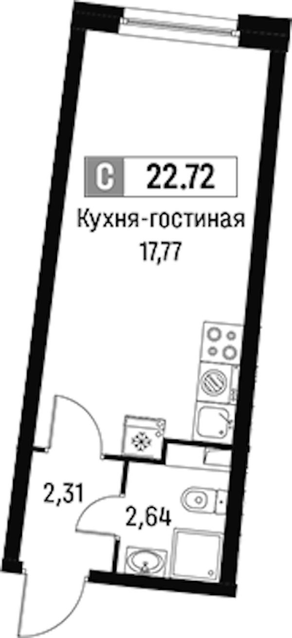 Квартира студия 22.72 м², 2/16 эт., ЖК «Авиатор»