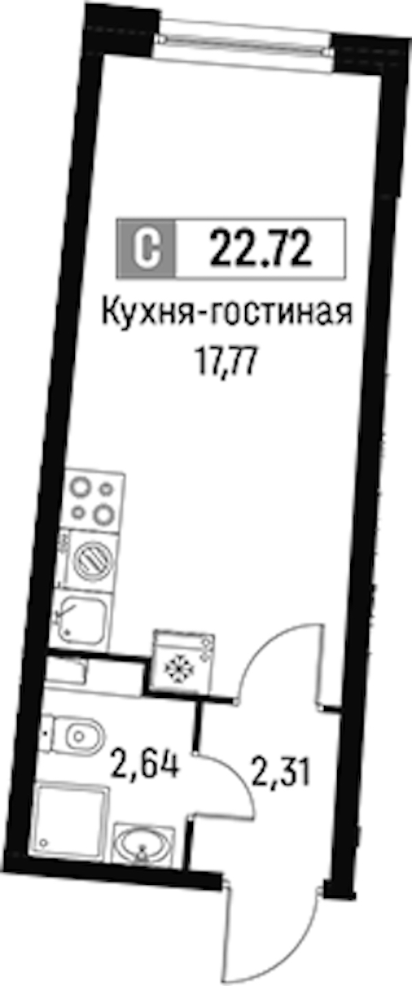 Квартира студия 22.72 м², 2/16 эт., ЖК «Авиатор»