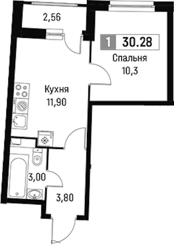 1-комнатная квартира 30.28 м², 2/16 эт., ЖК «Авиатор»