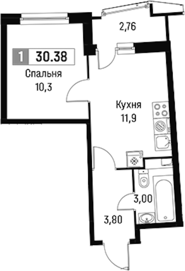 1-комнатная квартира 30.38 м², 2/16 эт., ЖК «Авиатор»