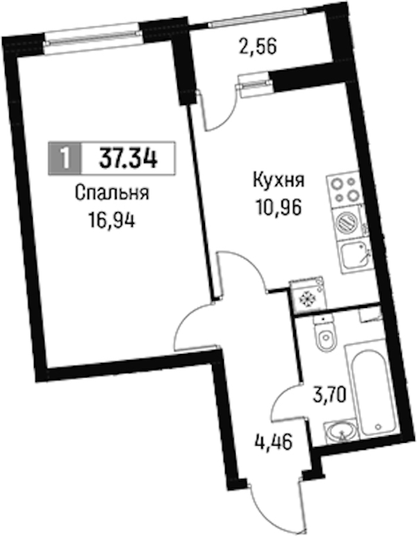 1-комнатная квартира 37.34 м², 2/16 эт., ЖК «Авиатор»