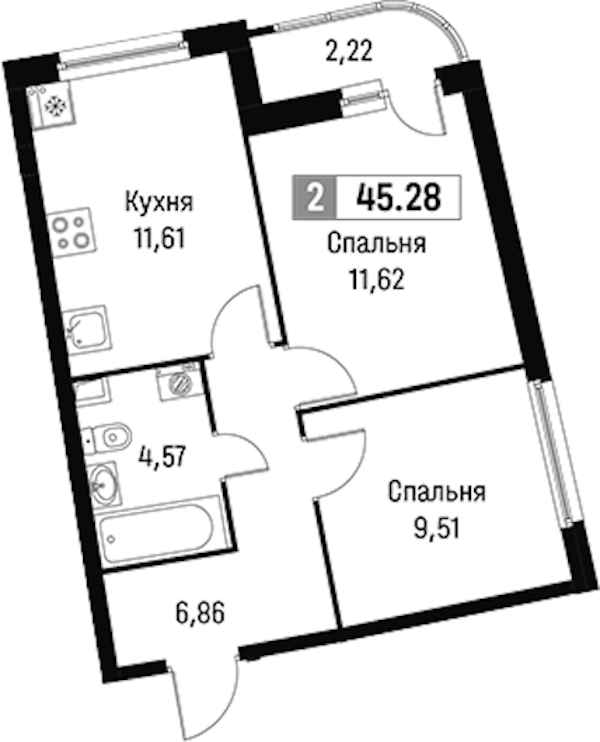 2-комнатная квартира 45.28 м², 2/16 эт., ЖК «Авиатор»