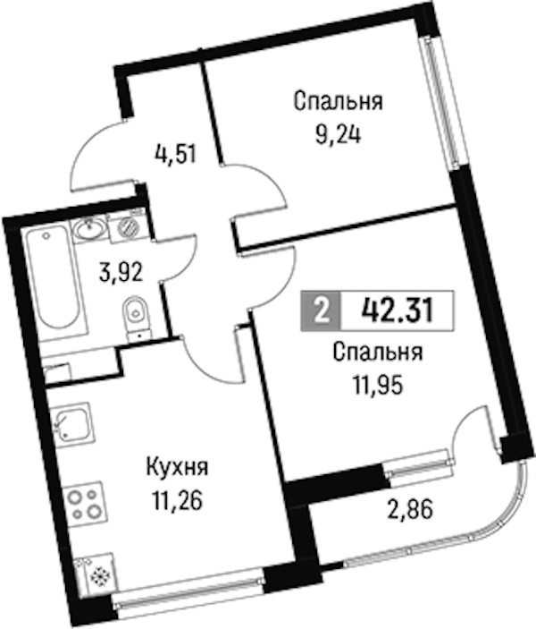 2-комнатная квартира 42.31 м², 2/16 эт., ЖК «Авиатор»