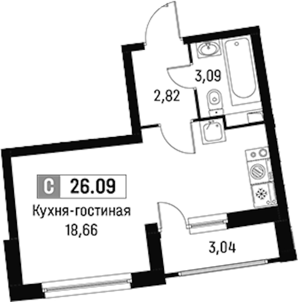 Квартира студия 26.09 м², 2/16 эт., ЖК «Авиатор»