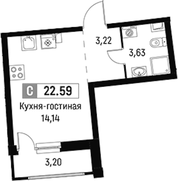 Квартира студия 22.59 м², 2/16 эт., ЖК «Авиатор»