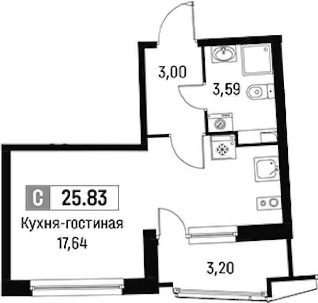 Квартира студия 25.83 м², 2/16 эт., ЖК «Авиатор»