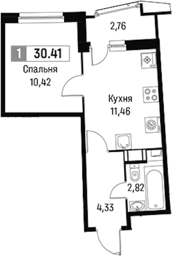 1-комнатная квартира 30.41 м², 3/16 эт., ЖК «Авиатор»
