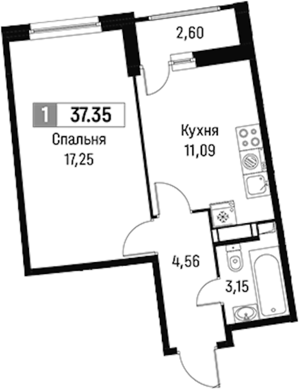 1-комнатная квартира 37.35 м², 3/16 эт., ЖК «Авиатор»