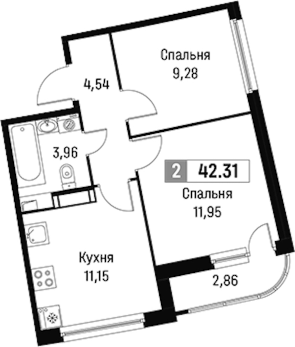 2-комнатная квартира 42.31 м², 3/16 эт., ЖК «Авиатор»