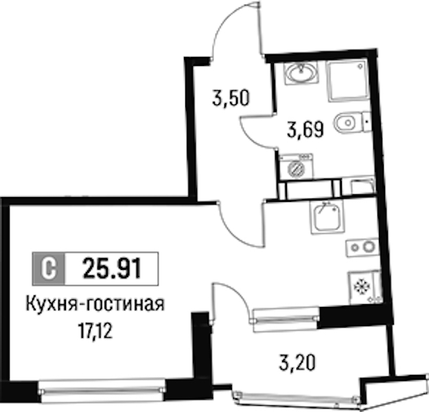 Квартира студия 25.91 м², 3/16 эт., ЖК «Авиатор»