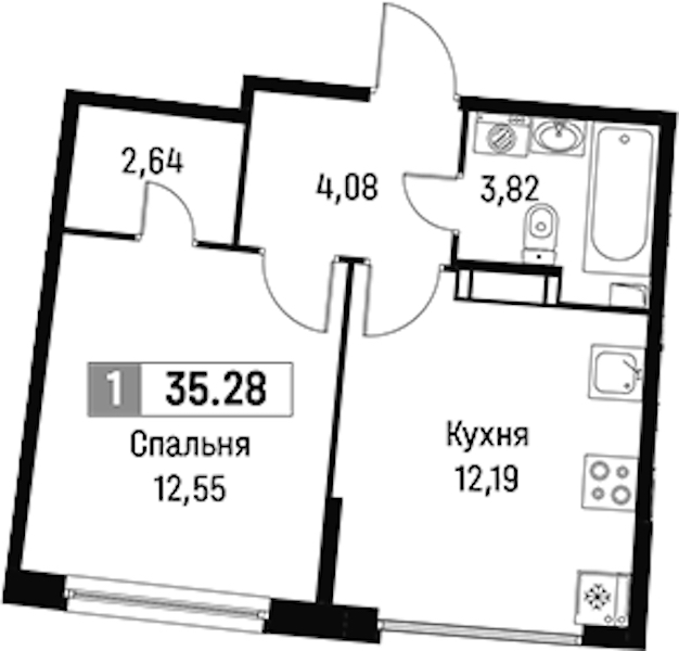 1-комнатная квартира 35.28 м², 4/16 эт., ЖК «Авиатор»