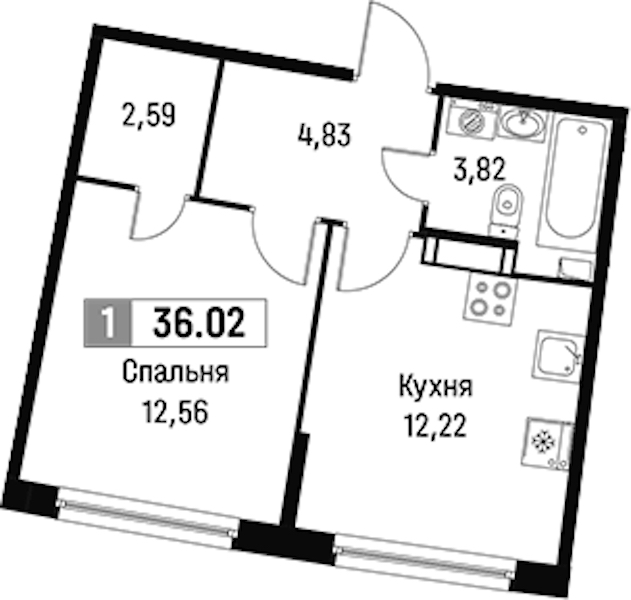 1-комнатная квартира 36.02 м², 4/16 эт., ЖК «Авиатор»