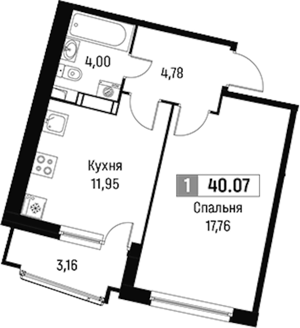 1-комнатная квартира 40.07 м², 4/16 эт., ЖК «Авиатор»