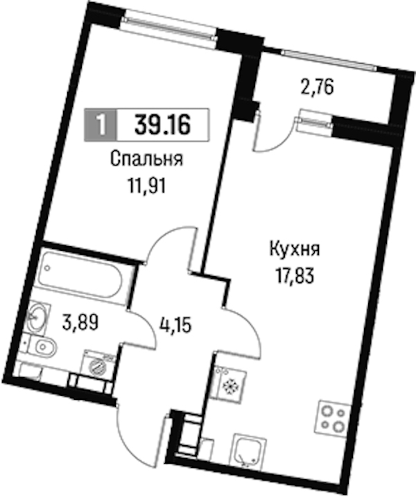 1-комнатная квартира 39.16 м², 4/16 эт., ЖК «Авиатор»