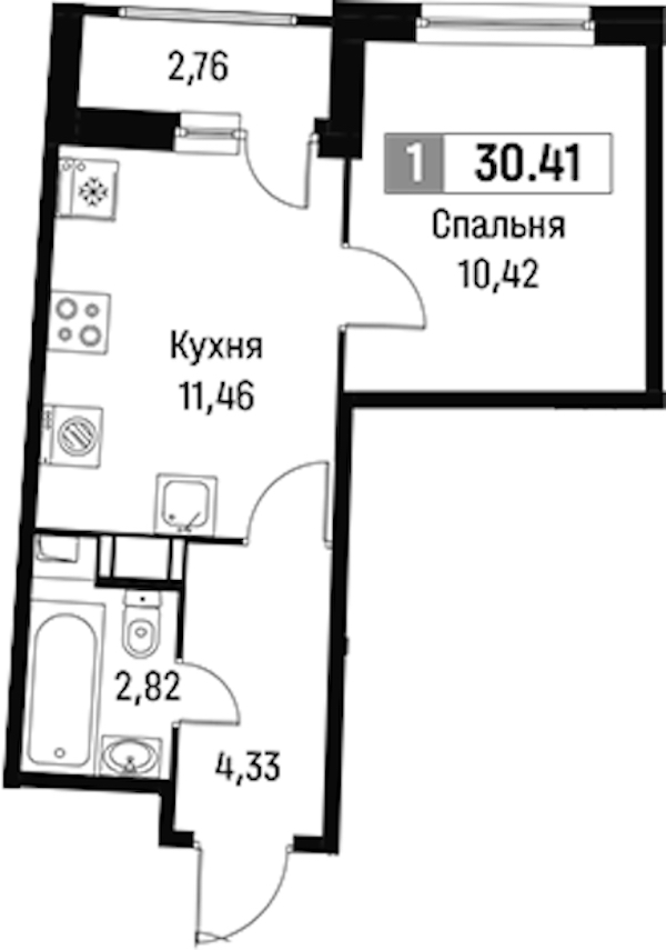 1-комнатная квартира 30.41 м², 4/16 эт., ЖК «Авиатор»