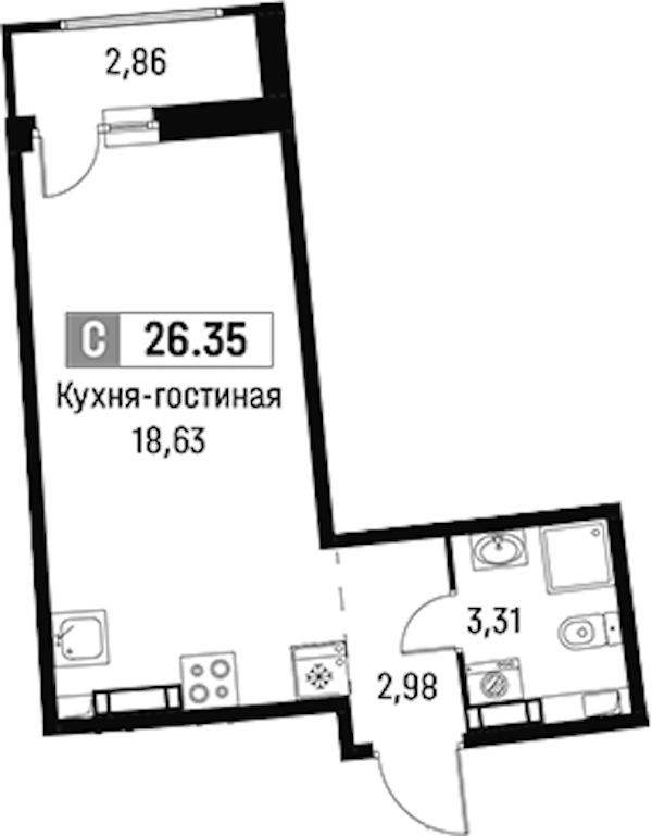Квартира студия 26.35 м², 4/16 эт., ЖК «Авиатор»