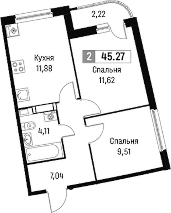 2-комнатная квартира 45.27 м², 4/16 эт., ЖК «Авиатор»