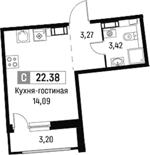 Квартира студия 22.38 м², 4/16 эт., ЖК «Авиатор»