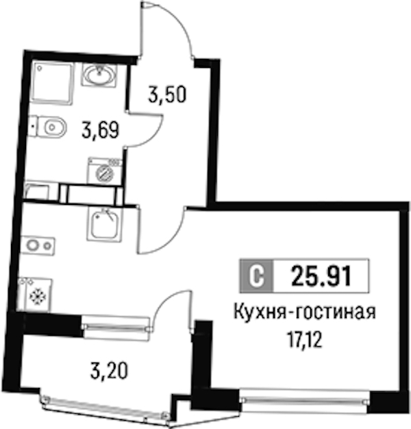 Квартира студия 25.91 м², 5/16 эт., ЖК «Авиатор»