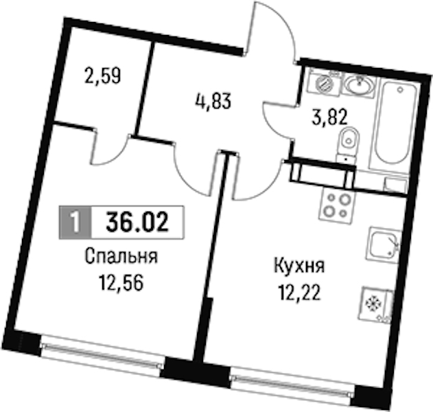 1-комнатная квартира 36.02 м², 5/16 эт., ЖК «Авиатор»