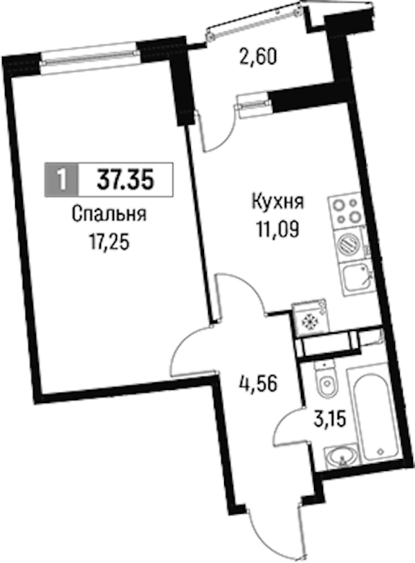 1-комнатная квартира 37.35 м², 5/16 эт., ЖК «Авиатор»